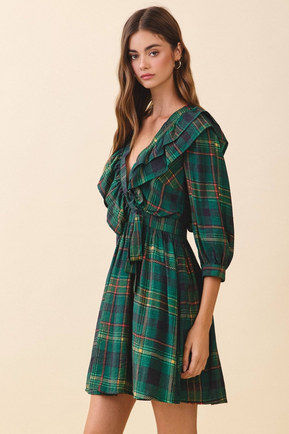 Green Plaid Deep V Neck Ruffle Trim Detail Wrap Dress | TCEC
