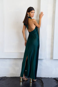 Green Silk Halter Maxi Dress | Lalavon