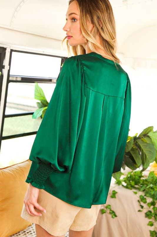 Green V-Neckband With Placket Woven Blouse Top | Vine & Love