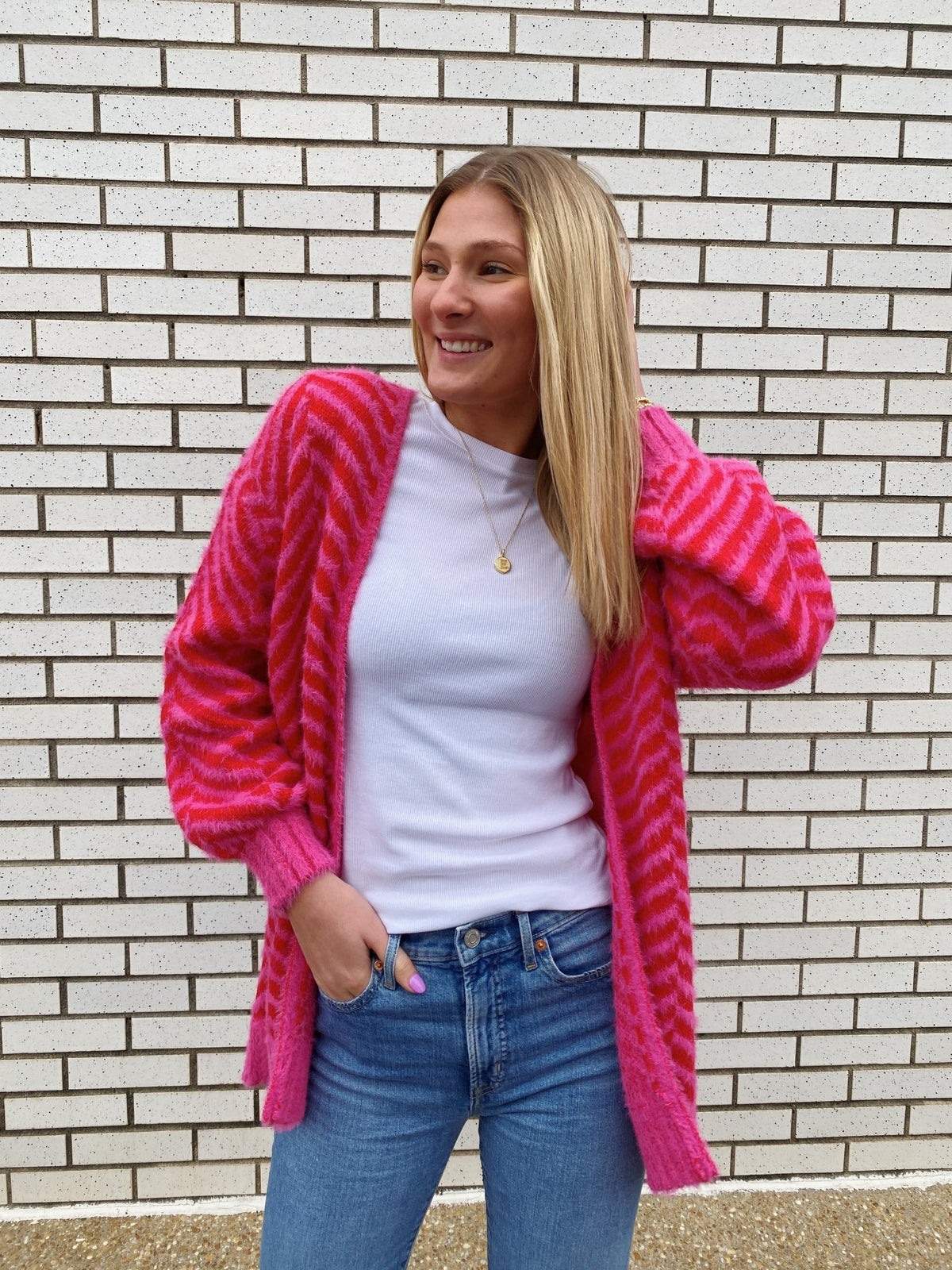 HOT PINK AND RED CHESHIRE CHEVRON EYELASH CARDIGAN | Sugarlips