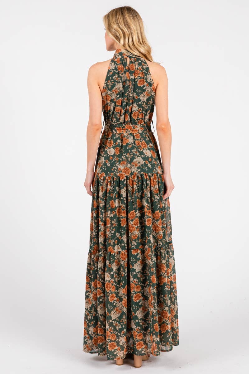 Buy Hunter Green and Rust Floral Print Mock Halter Neck Tiered Maxi Dress  Online