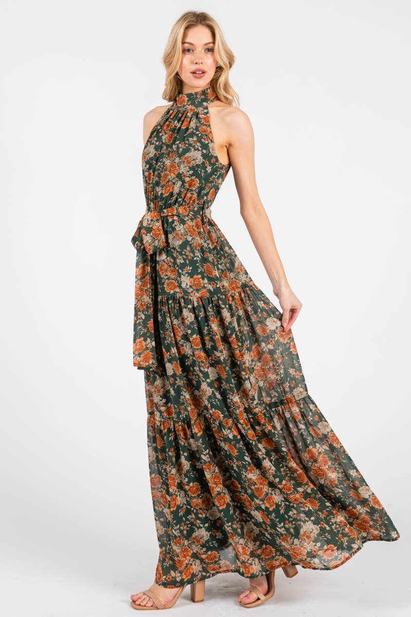high neck tiered maxi dress Hunter Green and Rust Floral Print Mock Halter Neck Tiered Maxi Dress Small