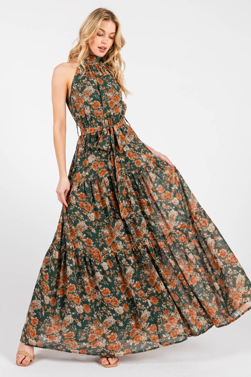 Buy Hunter Green and Rust Floral Print Mock Halter Neck Tiered Maxi Dress  Online