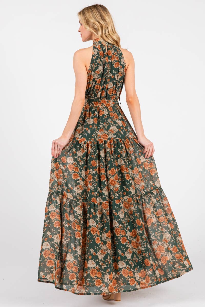Hunter Green and Rust Floral Print Mock Halter Neck Tiered Maxi Dress Small Hunter Green and Rust Floral Print Mock Halter Neck Tiered Maxi Dress Small