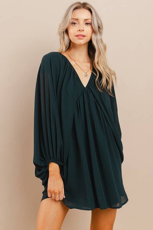 HUNTER GREEN FLOWY OVERSIZED TIE BACK MINI DRESS HUNTER GREEN FLOWY OVERSIZED TIE BACK MINI DRESS