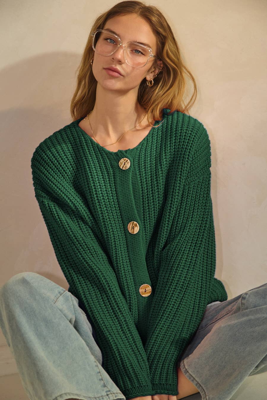 Hunter Green Knitted Long Sleeve Cardigan | Oddi