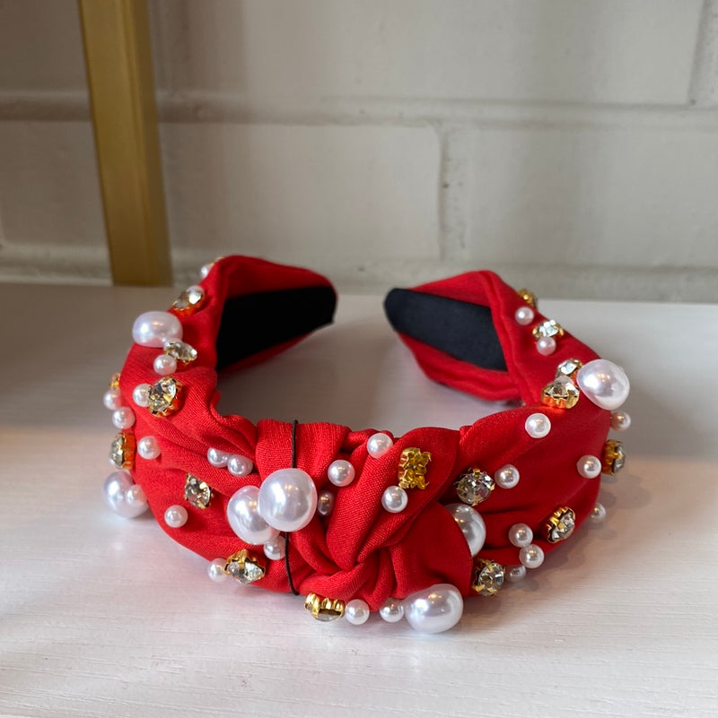 RED PEARL & CRYSTAL STUDDED KNOTTED HEADBAND-Sissy Boutique-Sissy Boutique
