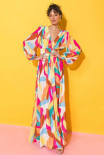 MULTICOLORED MAXI DRESS WITH PEASANT SLEEVES AND SMOCKED WAISTBAND-Sissy Boutique-Sissy Boutique