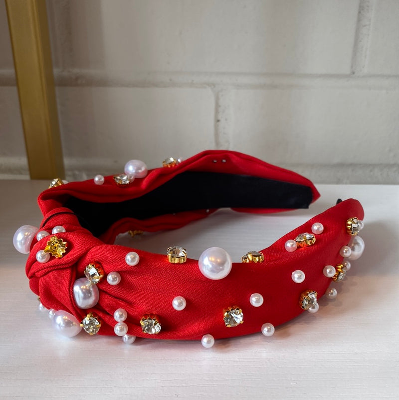 RED PEARL & CRYSTAL STUDDED KNOTTED HEADBAND-Sissy Boutique-Sissy Boutique