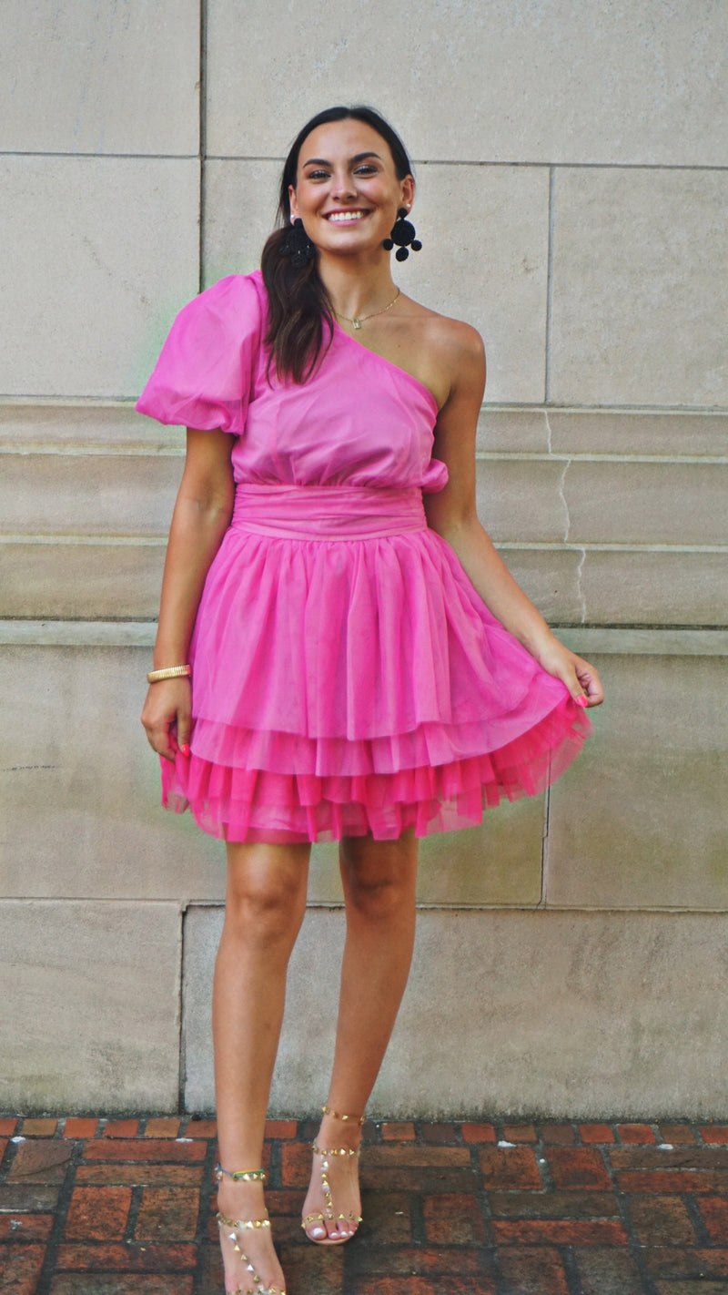PINK ONE SHOULDER TULLE MINI DRESS-FLYING TOMATO-Sissy Boutique
