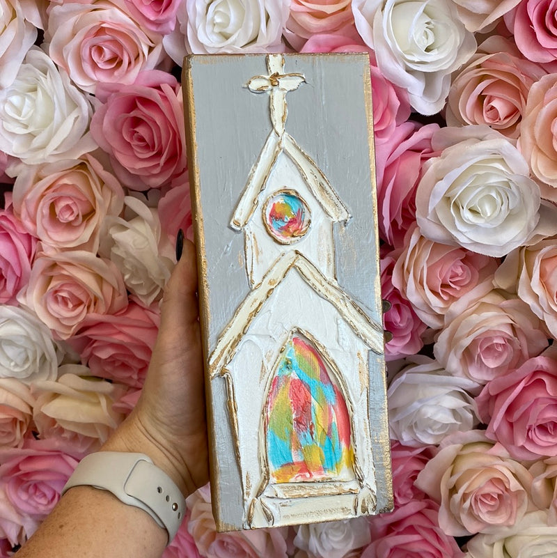 Colorful Church Hand Painted Wood Block- Large Sissy Boutique