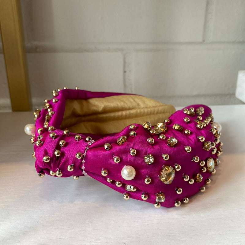 FUCHSIA PEARL & CRYSTAL STUDDED KNOTTED HEADBAND-Sissy Boutique-Sissy Boutique