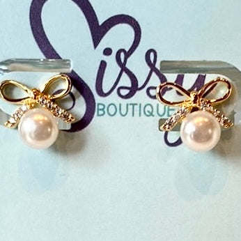 Cz Ribbon & Pearl Studs-Sissy Boutique-Sissy Boutique