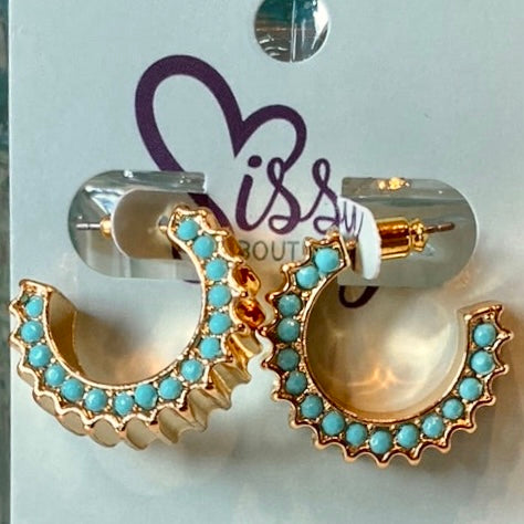 TURQUOISE TEXTURED GOLD HOOPS-Sissy Boutique-Sissy Boutique