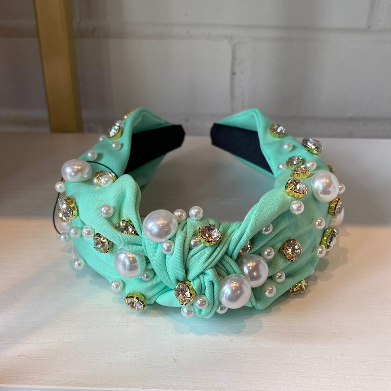 Mint Pearl & Crystal Studded Knotted Headband Sissy Boutique