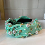 MINT PEARL & CRYSTAL STUDDED KNOTTED HEADBAND-Sissy Boutique-Sissy Boutique