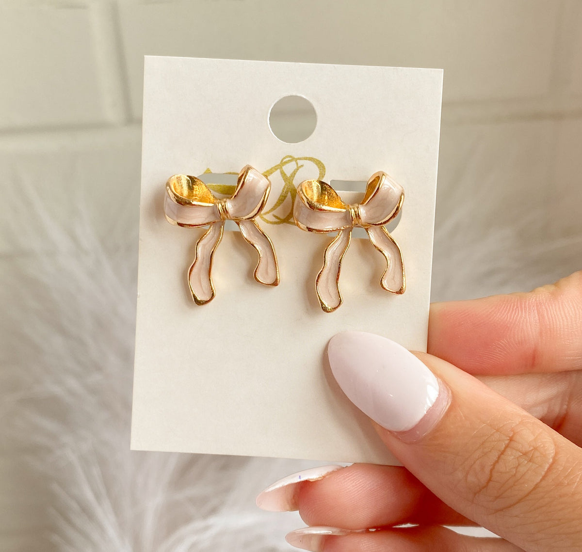 Irredecent Light Pink Marble Gold Bow Stud Earring | Sissy Boutique