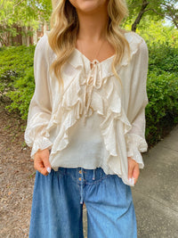 Ivory Long Sleeve V-Neck Lightweight Ruffled Blouse | Aakaa