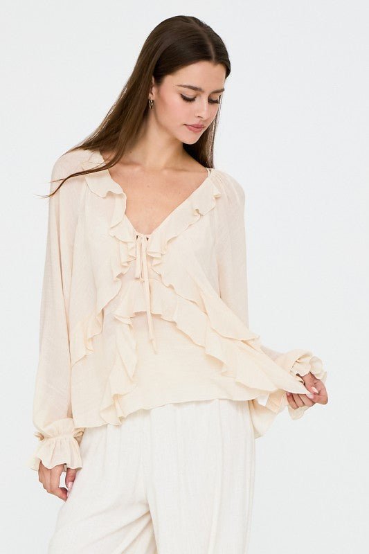 Ivory Long Sleeve V-Neck Lightweight Ruffled Blouse | Aakaa