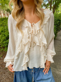 Ivory Long Sleeve V-Neck Lightweight Ruffled Blouse | Aakaa