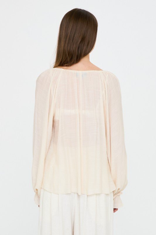 Ivory Long Sleeve V-Neck Lightweight Ruffled Blouse | Aakaa