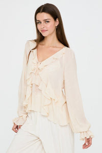Ivory Long Sleeve V-Neck Lightweight Ruffled Blouse | Aakaa