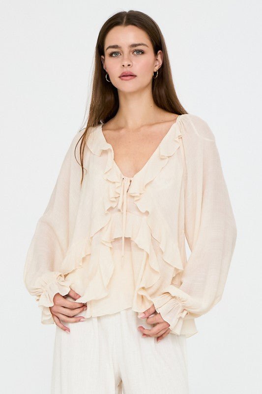 Ivory Long Sleeve V-Neck Lightweight Ruffled Blouse | Aakaa