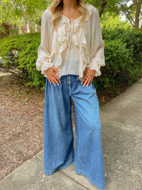 Ivory Long Sleeve V-Neck Lightweight Ruffled Blouse | Aakaa