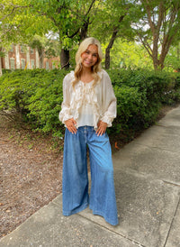 Ivory Long Sleeve V-Neck Lightweight Ruffled Blouse | Aakaa