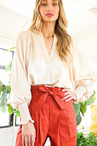 Ivory V-Neckband With Placket Woven Blouse Top | Vine & Love