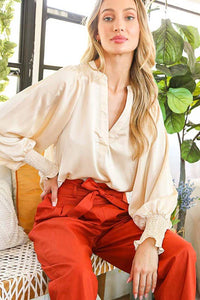 Ivory V-Neckband With Placket Woven Blouse Top | Vine & Love