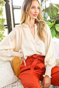 Ivory V-Neckband With Placket Woven Blouse Top | Vine & Love