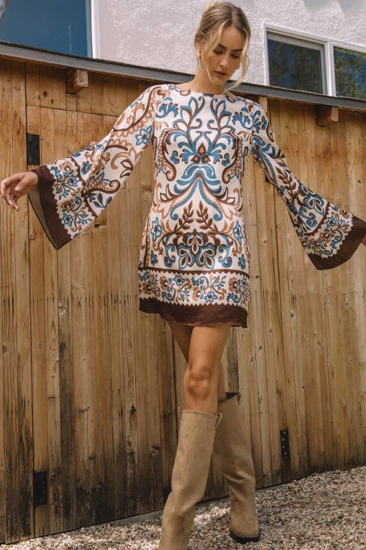 Kali Ivory Brown and Blue Border Print Mini Dress X-Large Kali Ivory Brown and Blue Border Print Mini Dress X-Large