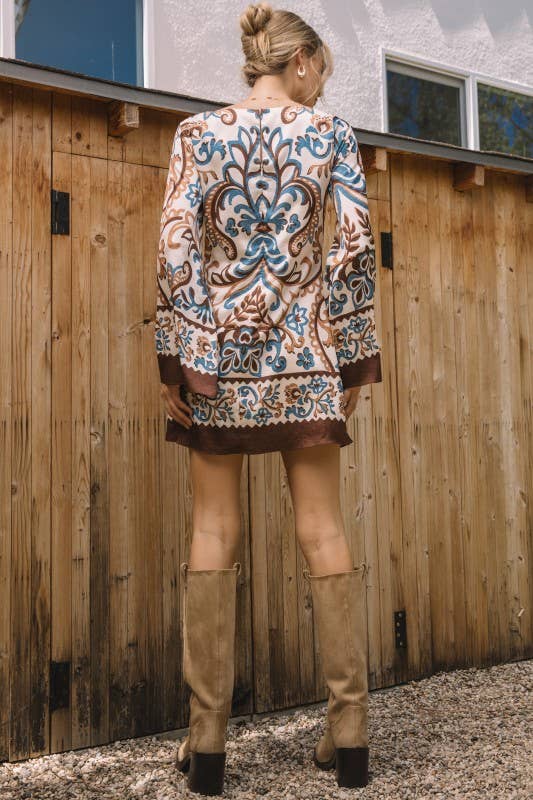 Kali Ivory Brown and Blue Border Print Mini Dress X-Large Kali Ivory Brown and Blue Border Print Mini Dress X-Large