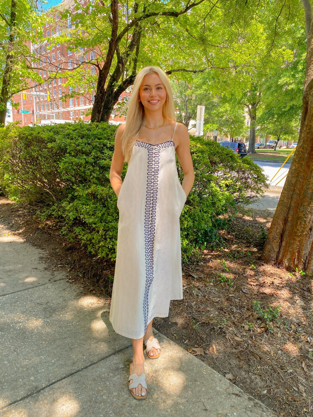 khaki embroidered dress Khaki Embroidered Strap Maxi Dress Medium