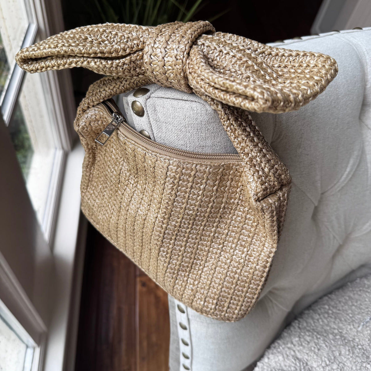 Khaki Raffia Bow Coquette Clutch | Sissy Boutique