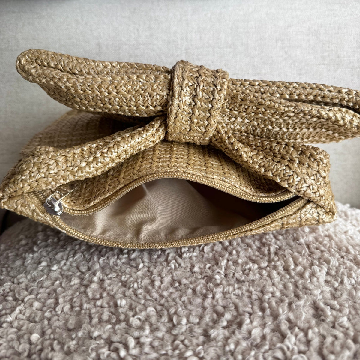 Khaki Raffia Bow Coquette Clutch | Sissy Boutique
