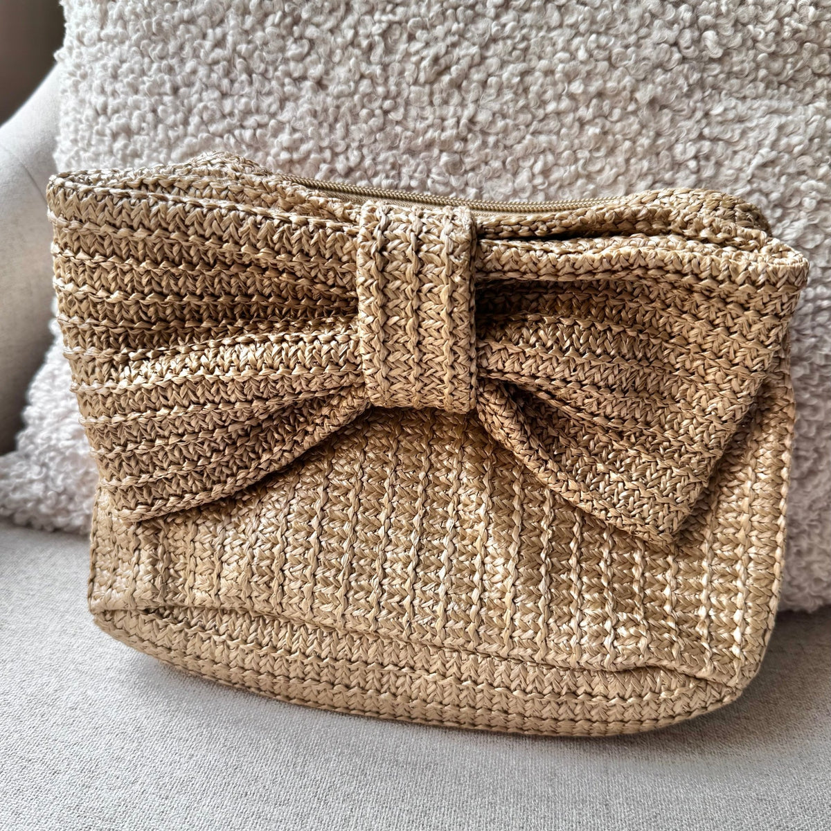 Khaki Raffia Bow Coquette Clutch | Sissy Boutique