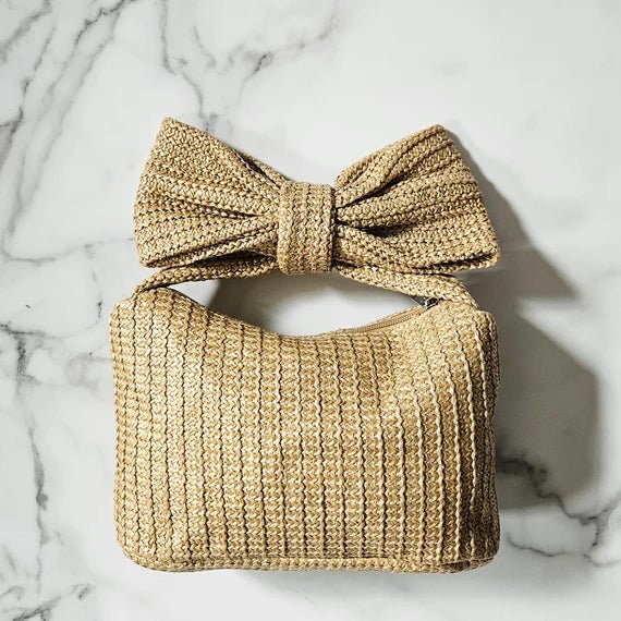 Khaki Raffia Bow Coquette Clutch | Sissy Boutique