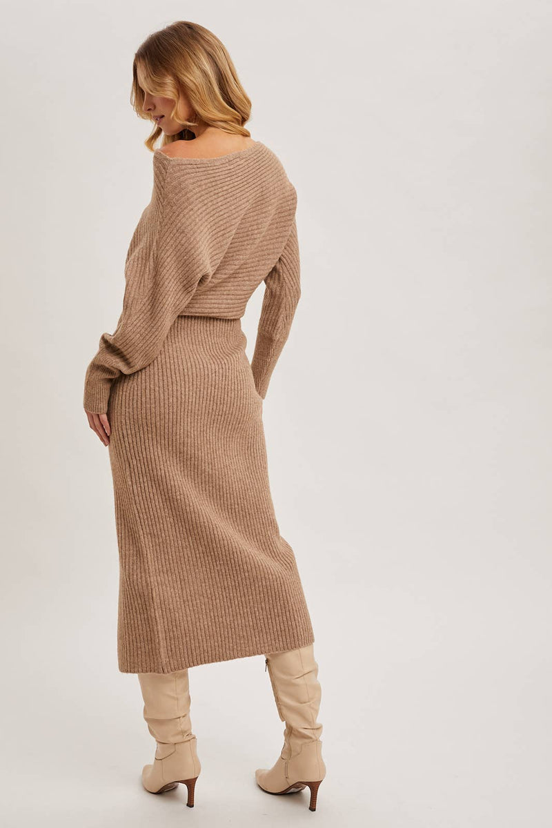 One Shoulder Off Side Slit Midi Knit Sweater Dress LATTE / M One Shoulder Off Side Slit Midi Knit Sweater Dress LATTE / M