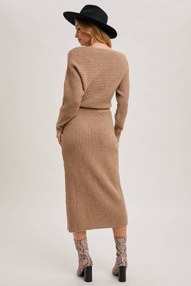 One Shoulder Off Side Slit Midi Knit Sweater Dress LATTE / M