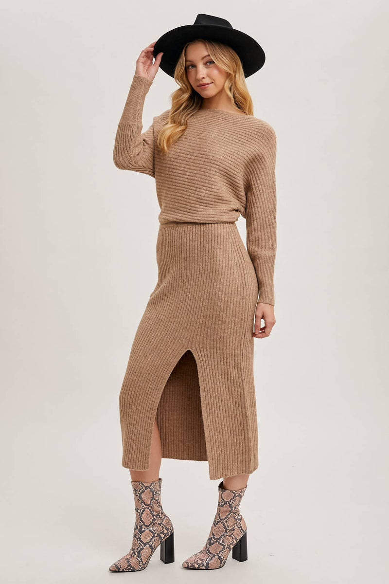 One Shoulder Off Side Slit Midi Knit Sweater Dress LATTE / M