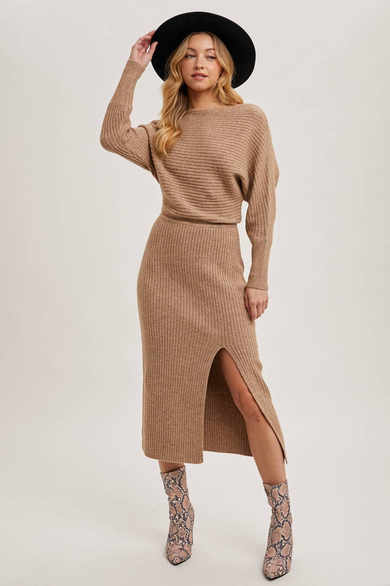 One Shoulder Off Side Slit Midi Knit Sweater Dress LATTE / M