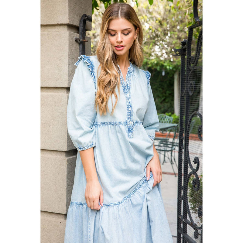 LIGHT DENIM TIERED MIDI DRESS