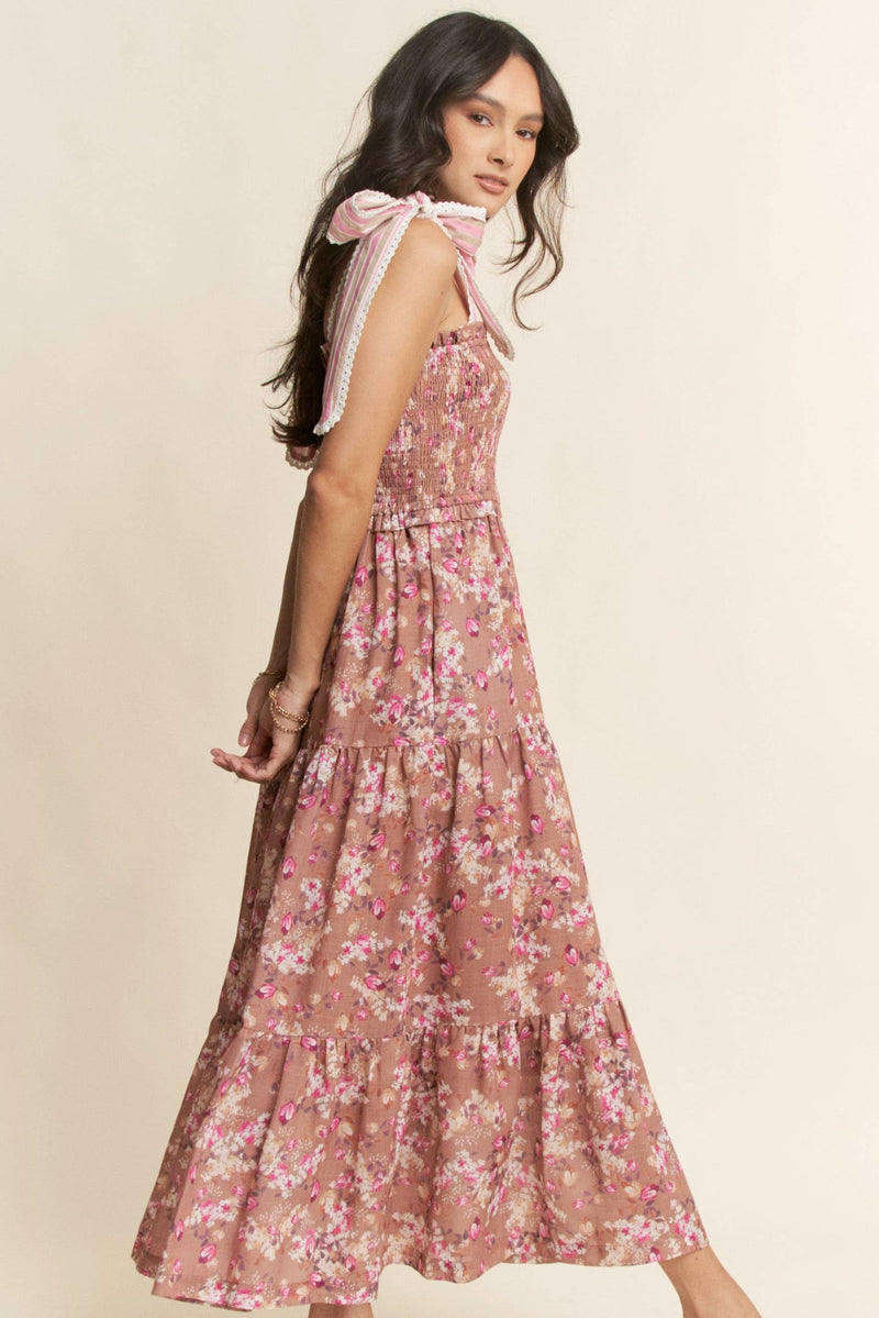 MAUVE FLORAL PRINTED LACE MAXI TIERED DRESS PINK LATTE / L