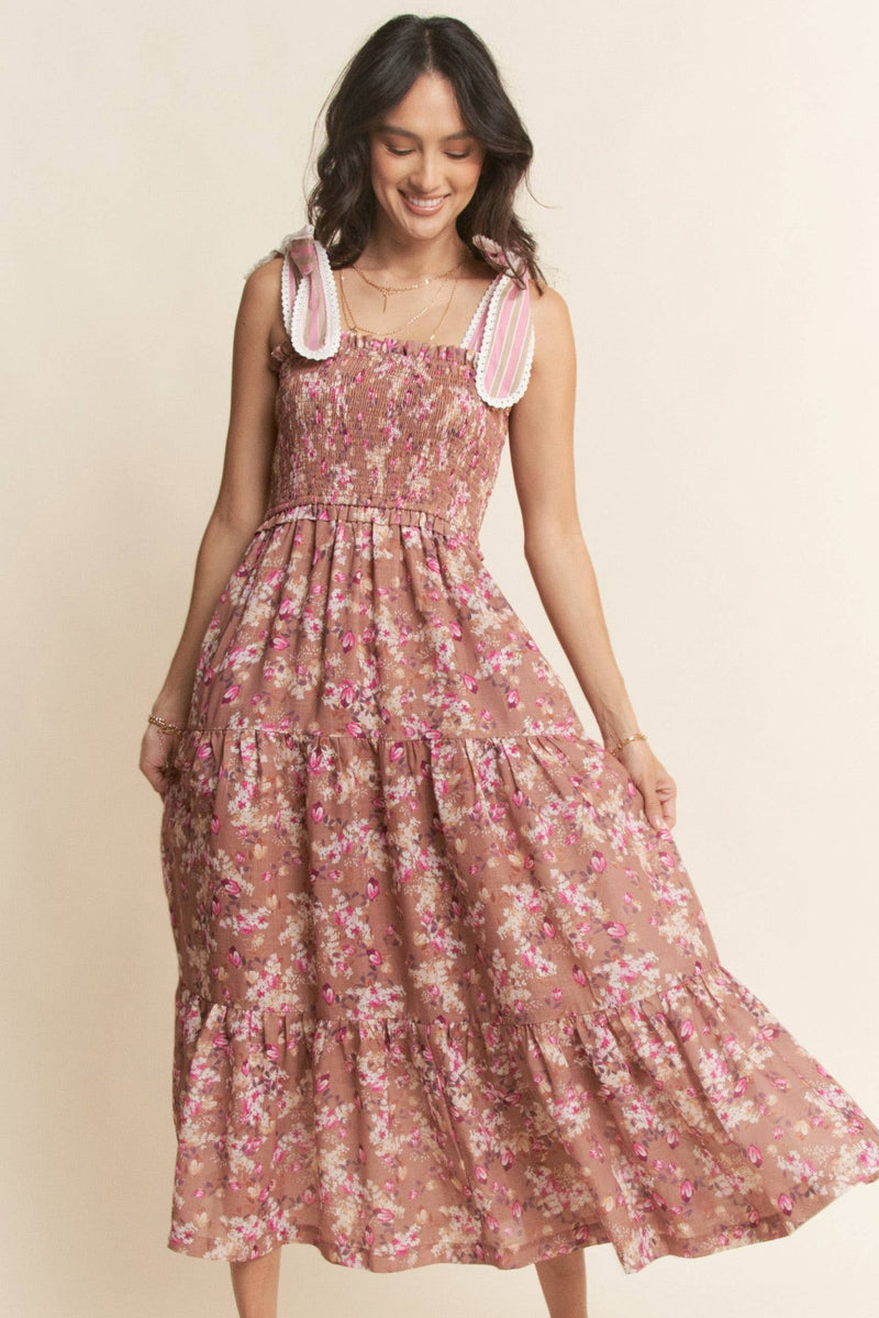 MAUVE FLORAL PRINTED LACE MAXI TIERED DRESS PINK LATTE / L