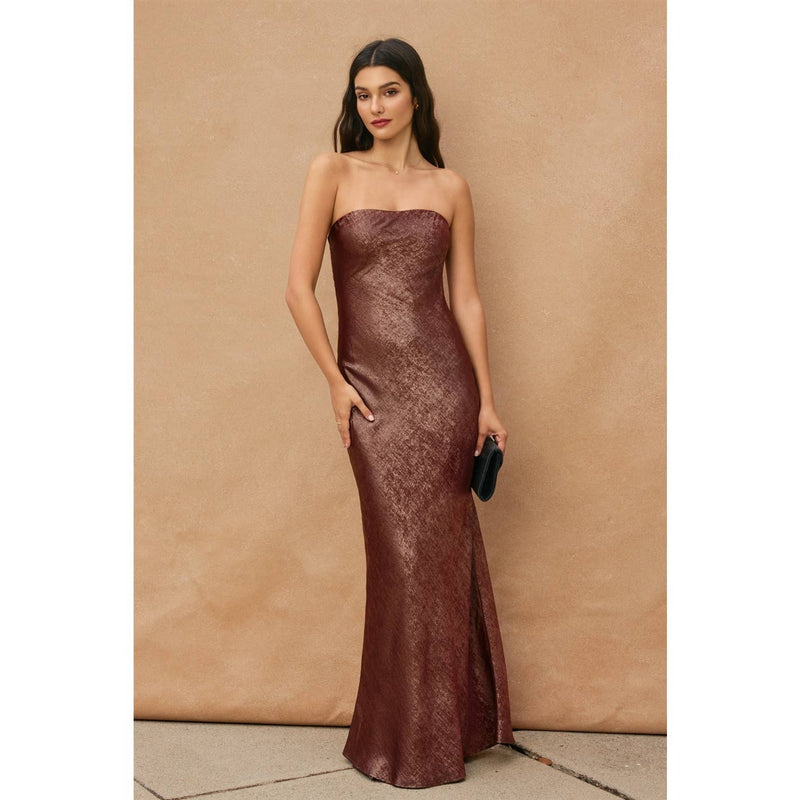 Metallic Strapless Draped Back Maxi Dress Metallic Strapless Draped Back Maxi Dress