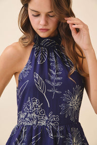 Midnight Navy Floral Printed Halter Neck Back Tie Tiered Maxi Dress | TCEC