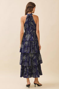 Midnight Navy Floral Printed Halter Neck Back Tie Tiered Maxi Dress | TCEC