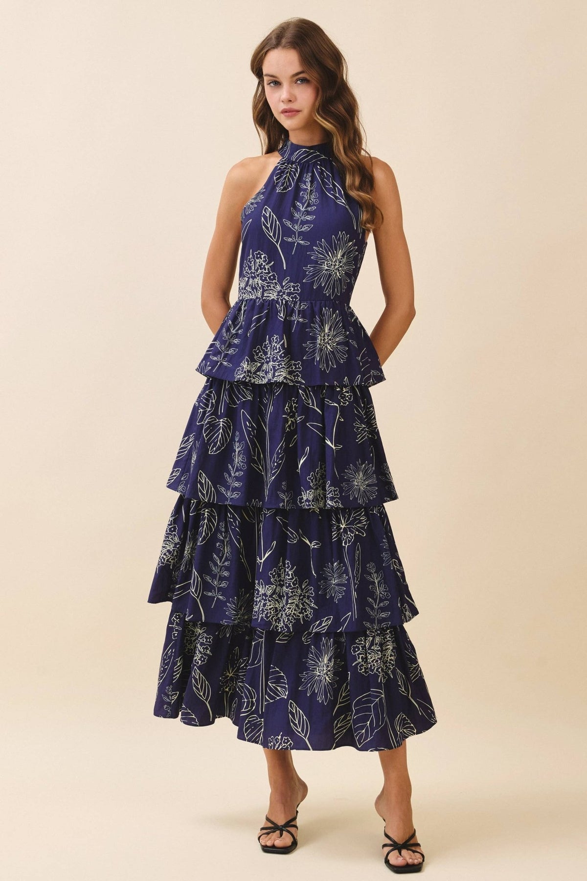 Midnight Navy Floral Printed Halter Neck Back Tie Tiered Maxi Dress | TCEC